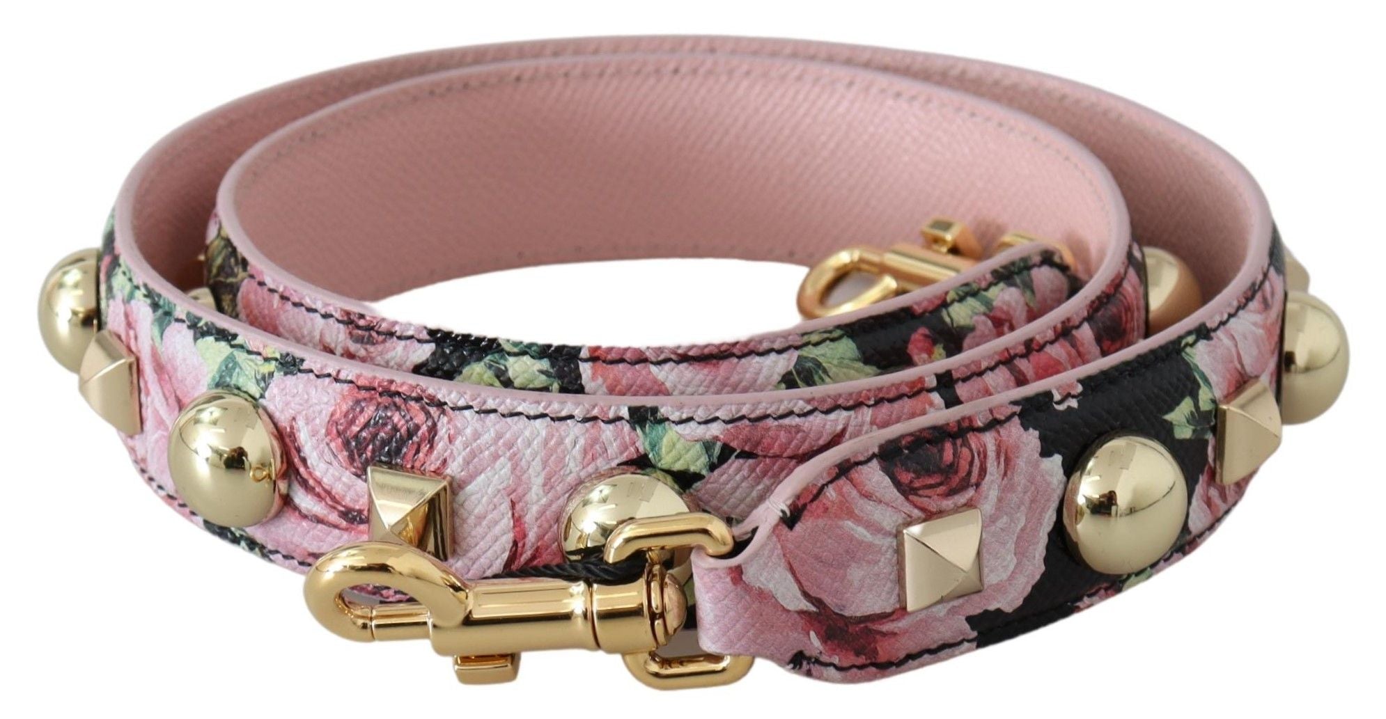 Dolce & Gabbana pembe çiçekli çanta, altın rengi çivili aksesuarlı omuz askısı